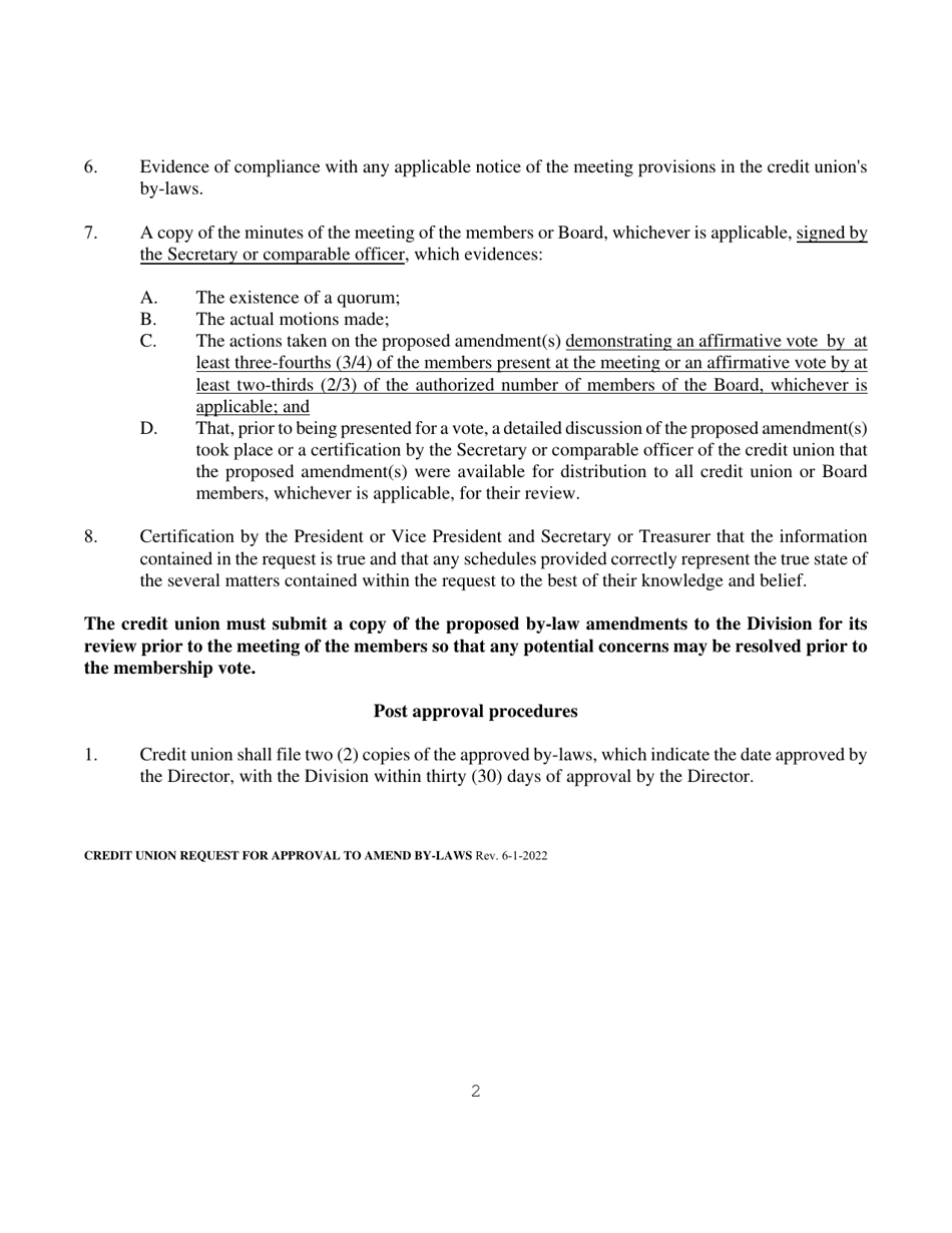 Credit Union Request for Approval to Amend by-Laws Pursuant to R. I. Gen. Laws 19-5-4 - Rhode Island, Page 2