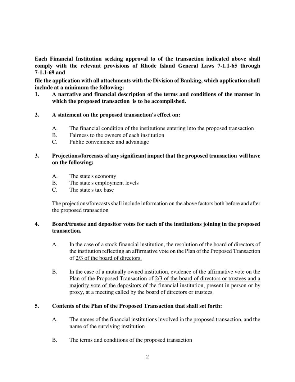 Application for Approval to Merge or Consolidate a Financial Institution Under Rhode Island General Laws 19-2-13 - Rhode Island, Page 2