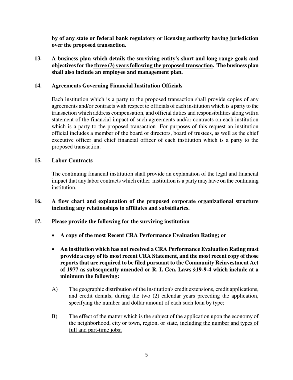 Application for Approval to Merge or Consolidate a Financial Institution Under Rhode Island General Laws 19-2-13 - Rhode Island, Page 5