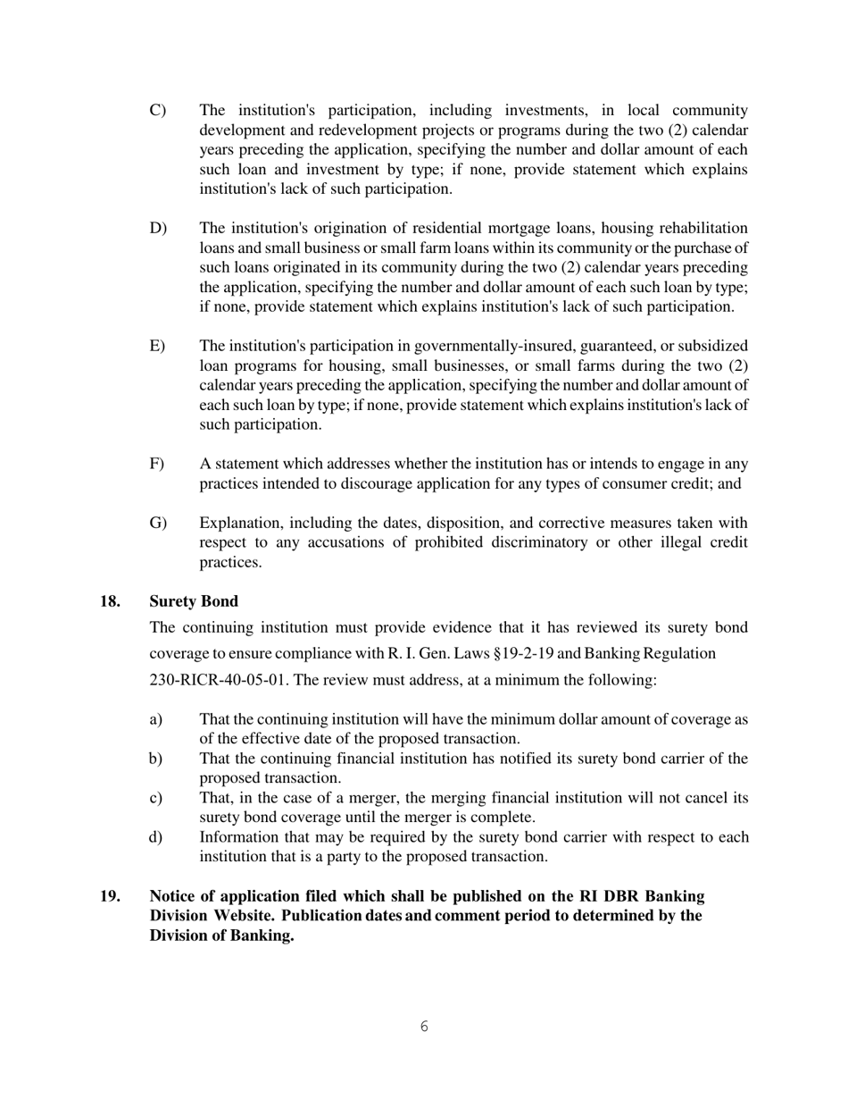Application for Approval to Merge or Consolidate a Financial Institution Under Rhode Island General Laws 19-2-13 - Rhode Island, Page 6