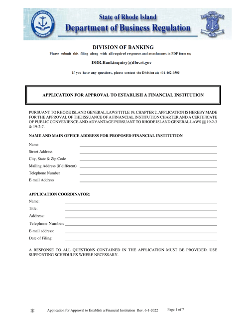 Application for Approval to Establish a Financial Institution - Rhode Island Download Pdf