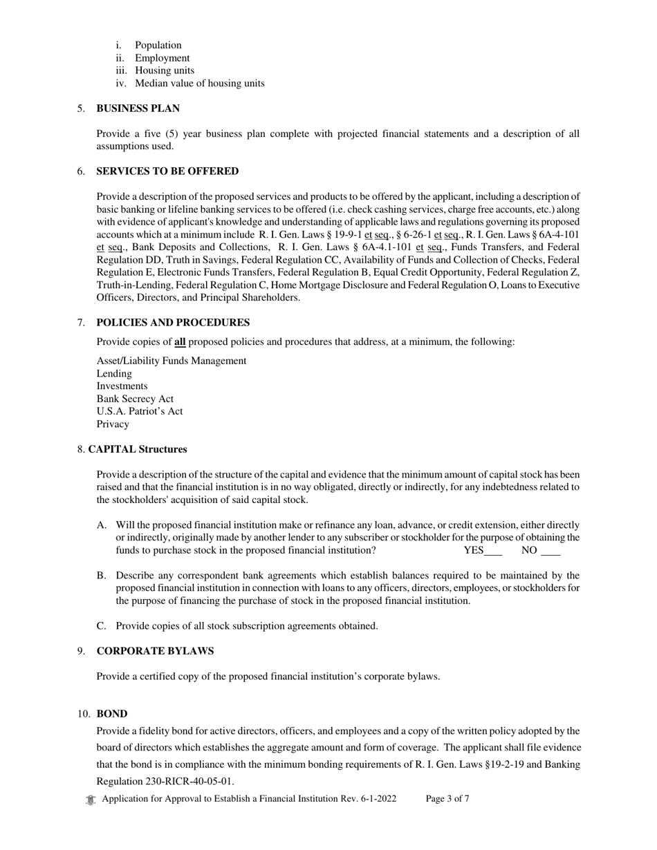 Application for Approval to Establish a Financial Institution - Rhode Island, Page 3