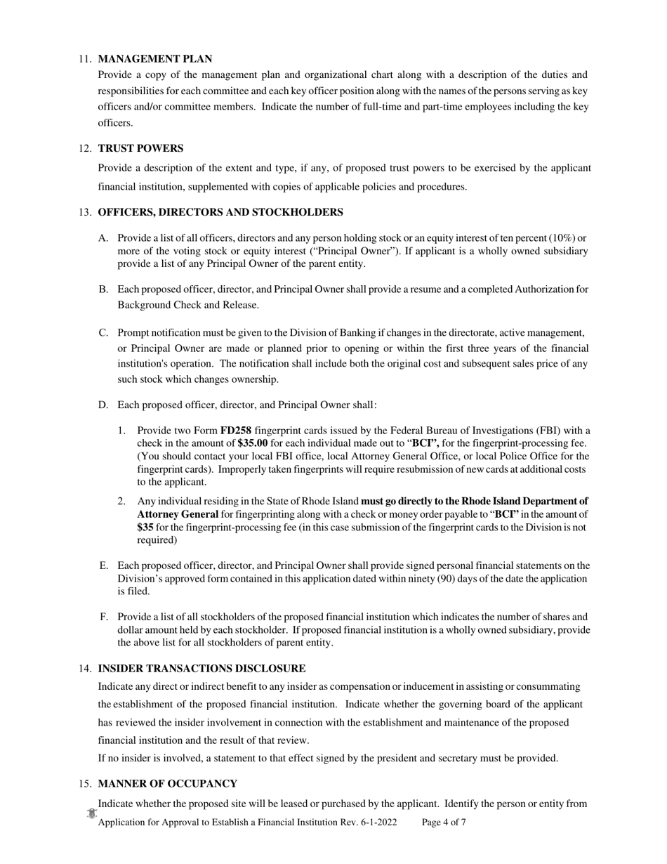 Application for Approval to Establish a Financial Institution - Rhode Island, Page 4