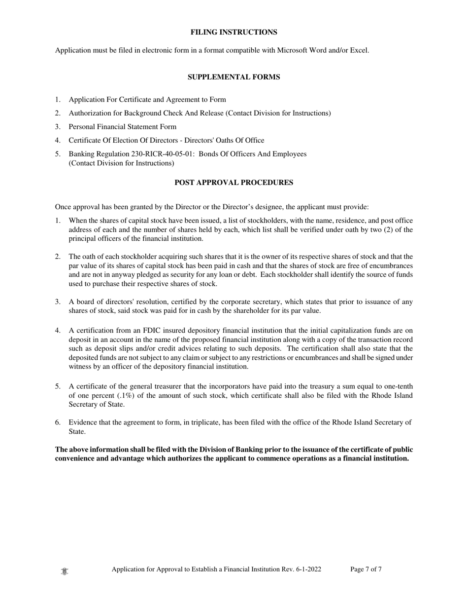 Application for Approval to Establish a Financial Institution - Rhode Island, Page 7