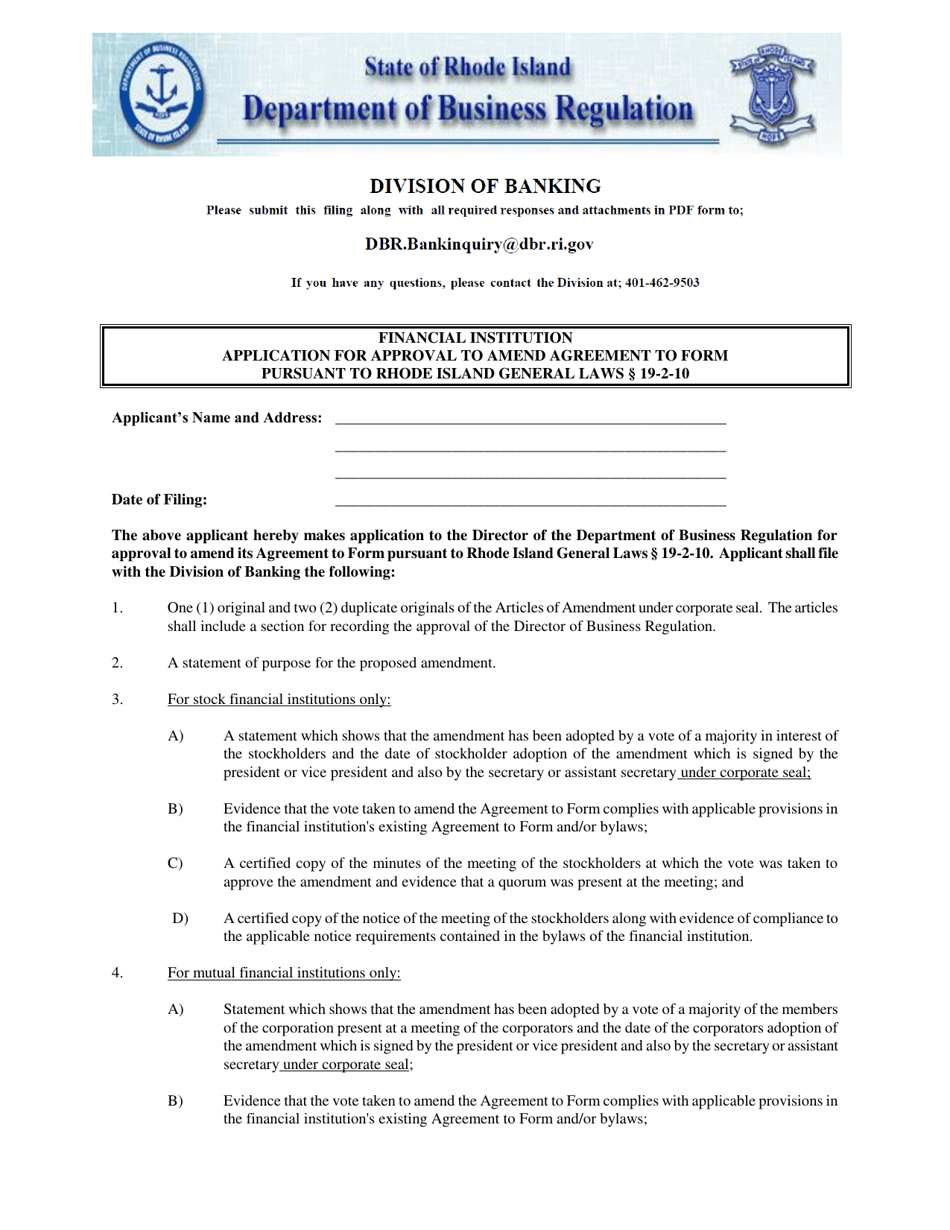 Rhode Island Financial Institution Application for Approval to Amend ...