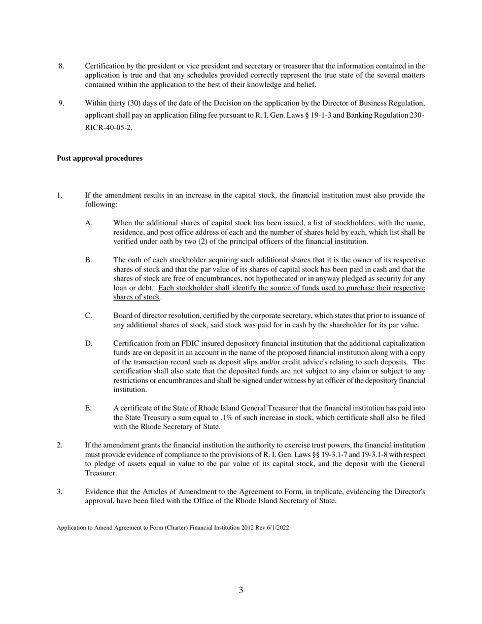 Financial Institution Application for Approval to Amend Agreement to Form Pursuant to Rhode Island General Laws 19-2-10 - Rhode Island, Page 3