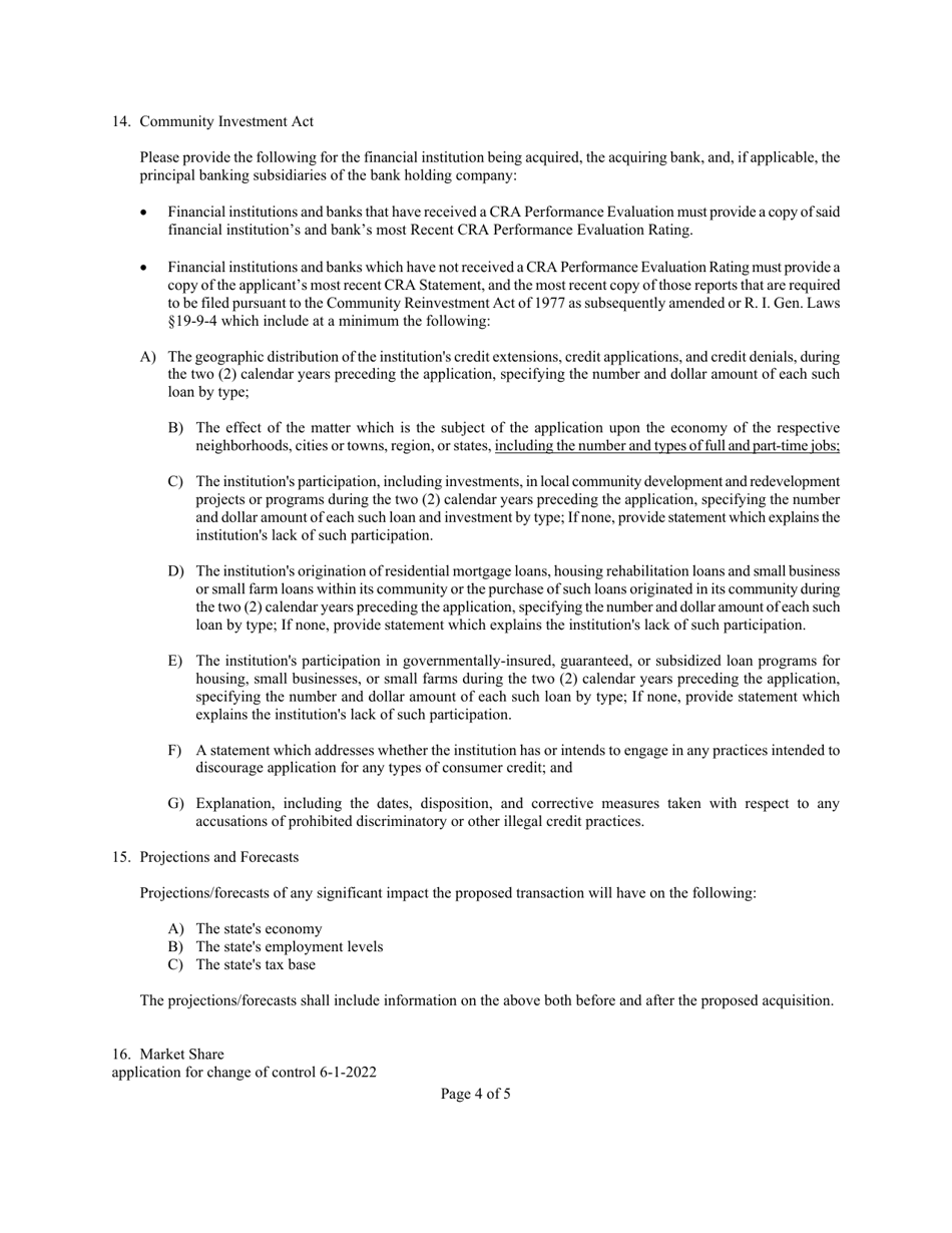 Application to Acquire Control of a Financial Institution Under Rhode Island General Laws Title 19, Chapter 8 - Rhode Island, Page 4