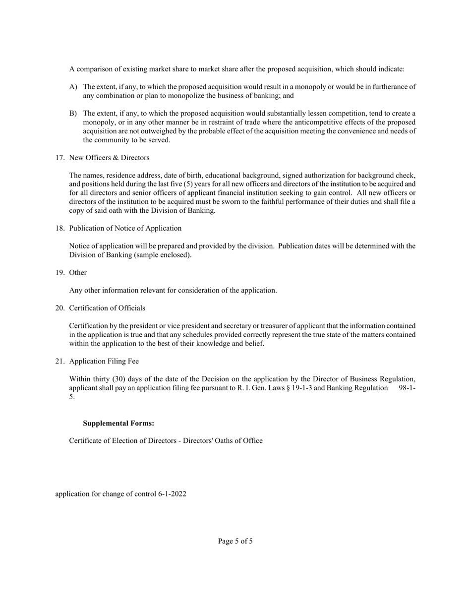 Application to Acquire Control of a Financial Institution Under Rhode Island General Laws Title 19, Chapter 8 - Rhode Island, Page 5