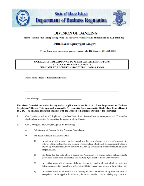 Application for Approval to Amend Agreement to Form to Accept Deposit Accounts Pursuant to Rhode Island General Laws 19-2-10 - Rhode Island Download Pdf