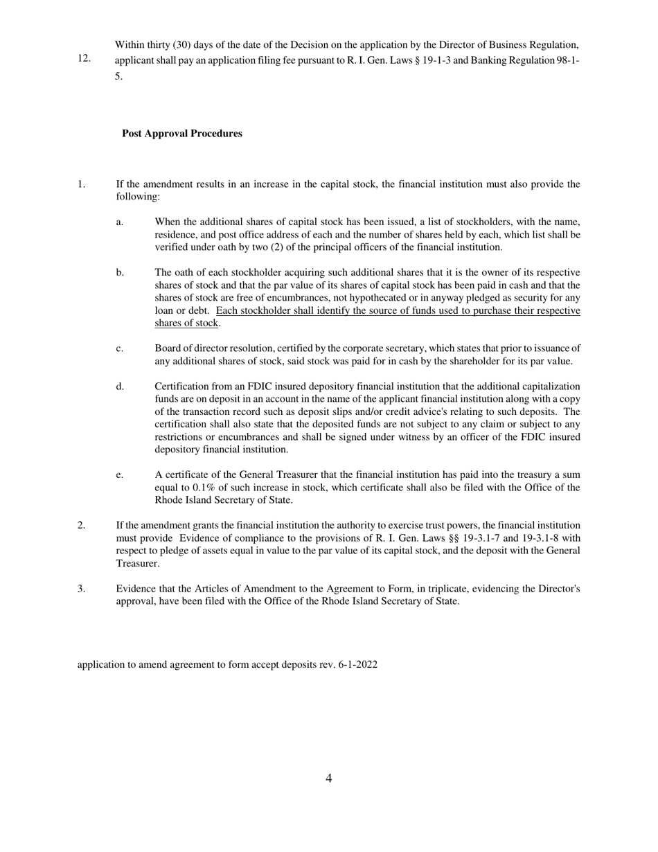 Application for Approval to Amend Agreement to Form to Accept Deposit Accounts Pursuant to Rhode Island General Laws 19-2-10 - Rhode Island, Page 4