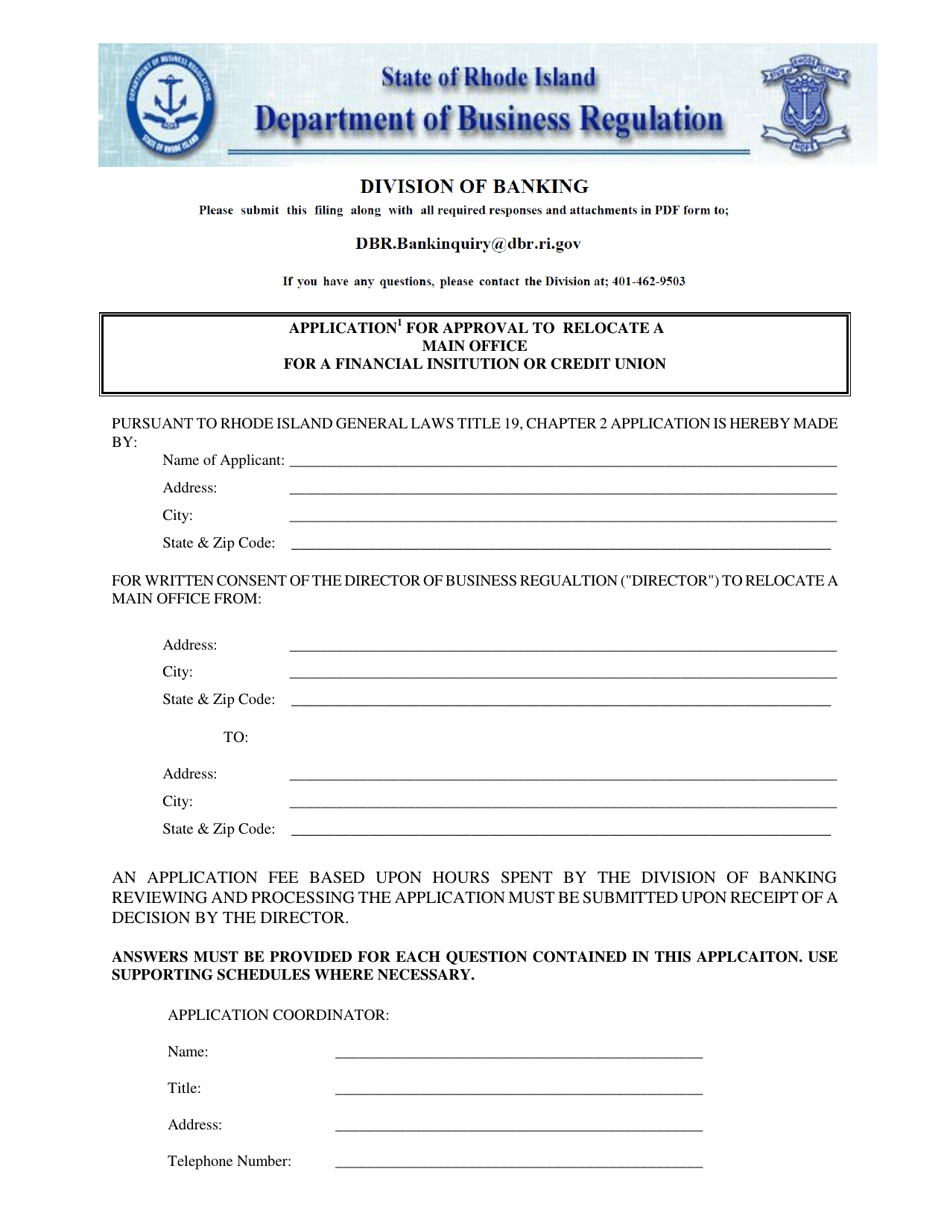 Application for Approval to Relocate a Main Office for a Financial Institution or Credit Union - Rhode Island, Page 1
