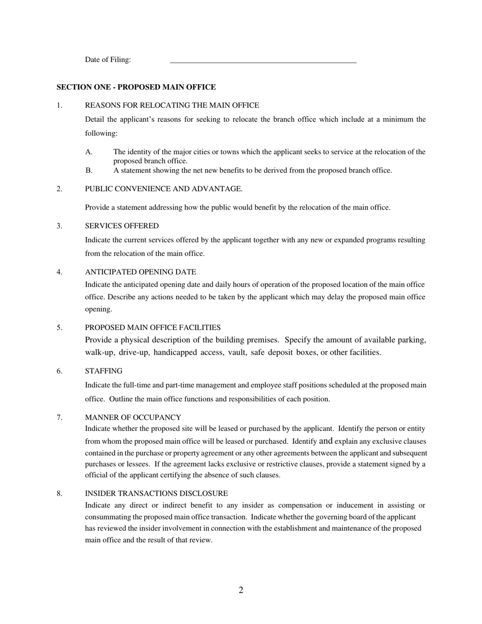Application for Approval to Relocate a Main Office for a Financial Institution or Credit Union - Rhode Island, Page 2
