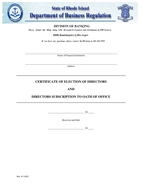 Certificate of Election of Directors and Directors Subscription to Oath of Office - Rhode Island Download Pdf