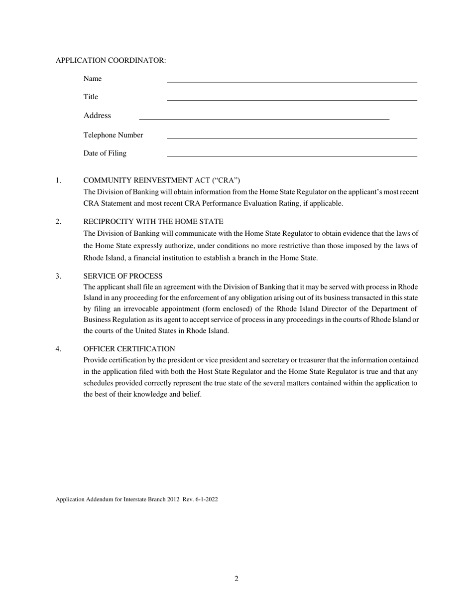Interstate Branch Addendum to Home State Application for Approval to Establish and Maintain a Branch Office for an out-Of State Bank or Credit Union - Rhode Island, Page 2