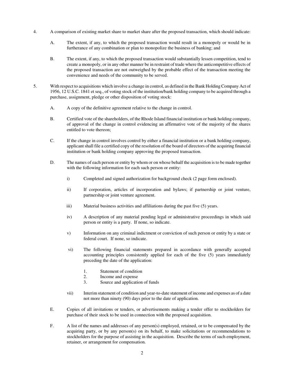 Application Pursuant to the Rhode Island Interstate Branching and Bank Holding Company Mergers and Acquisitions Act - Rhode Island, Page 2