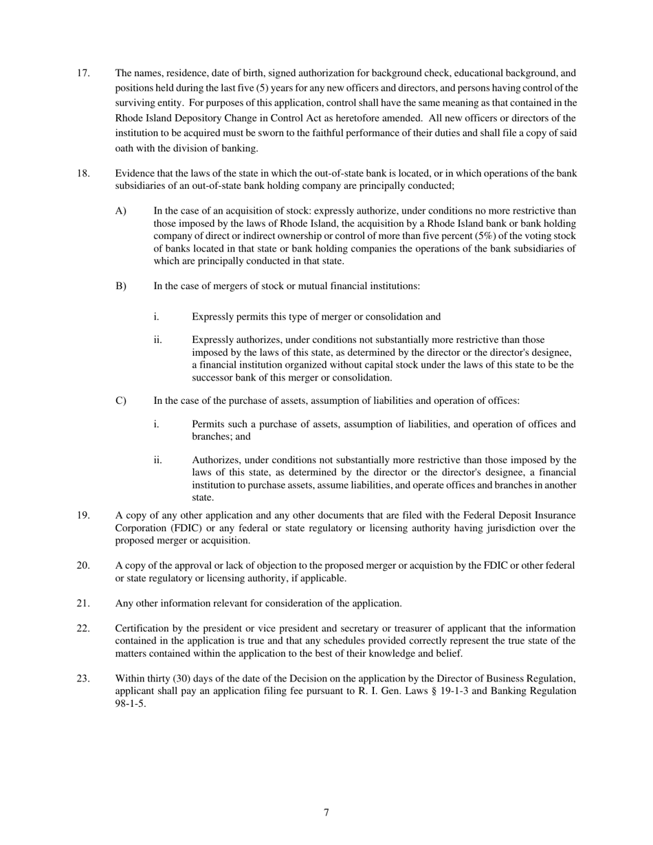 Application Pursuant to the Rhode Island Interstate Branching and Bank Holding Company Mergers and Acquisitions Act - Rhode Island, Page 7