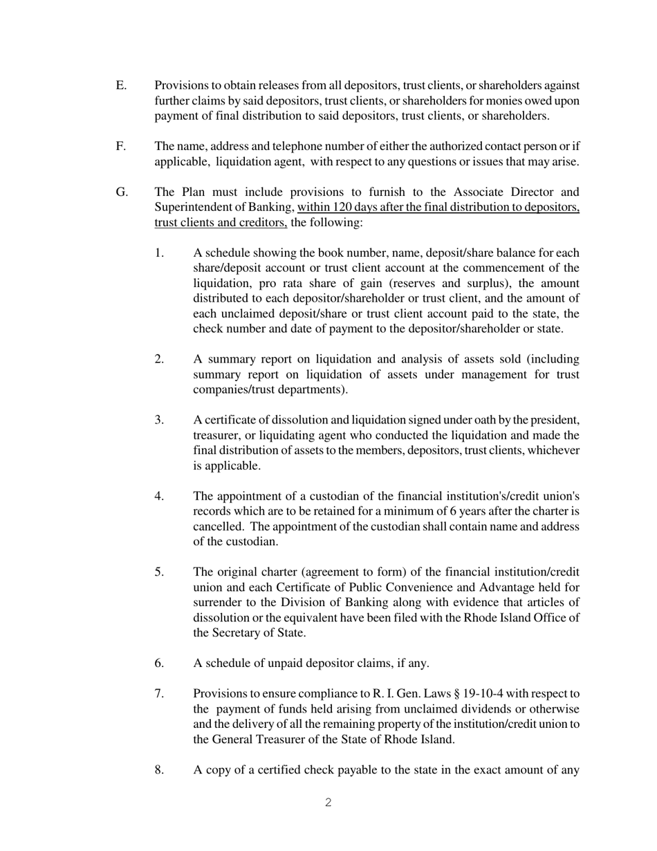Request for Approval of a Plan of Liquidation Pursuant to a Voluntary Liquidation of a Financial Institution or Credit Union Under R. I. Gen. Laws Title 19, Chapter 10 - Rhode Island, Page 2