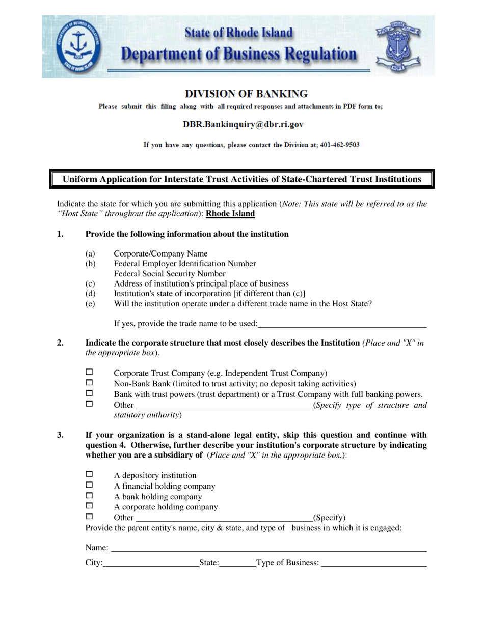 Uniform Application for Interstate Trust Activities of State-Chartered Trust Institutions - Rhode Island, Page 1