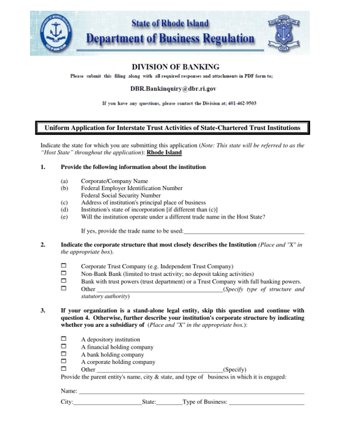 Uniform Application for Interstate Trust Activities of State-Chartered Trust Institutions - Rhode Island Download Pdf