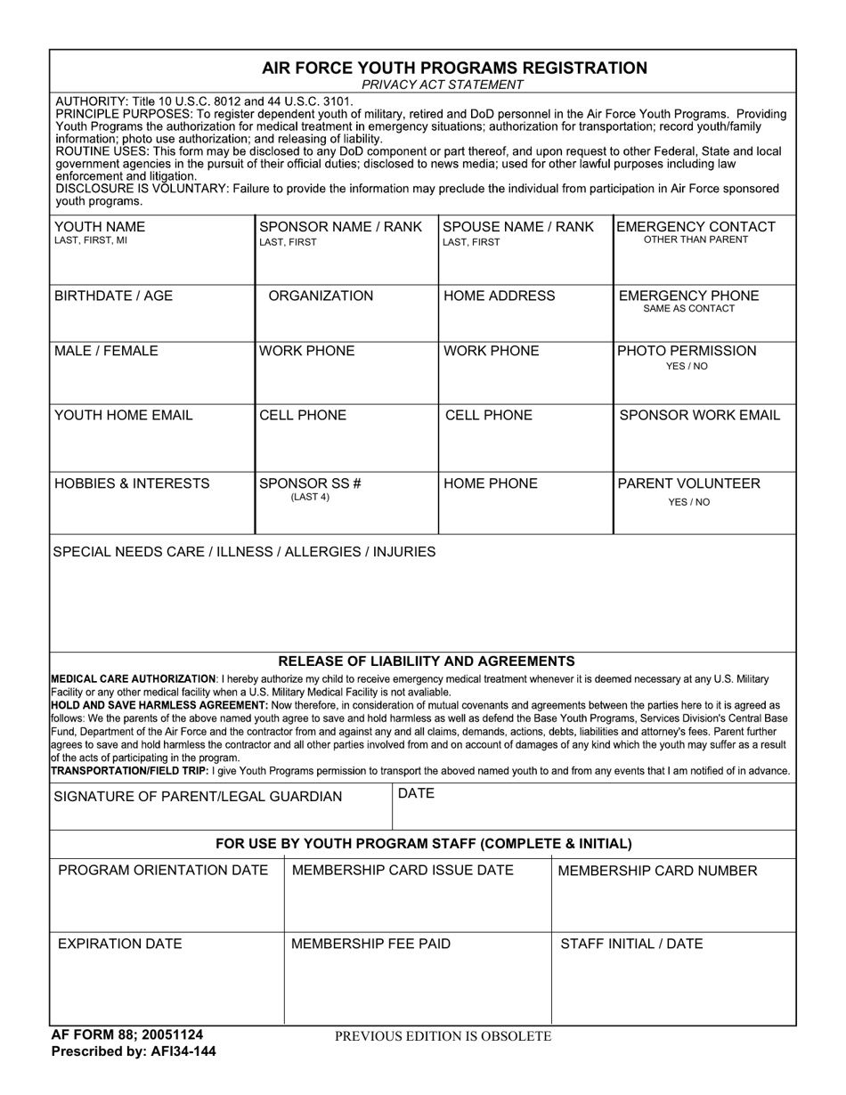 AF Form 88 Air Force Youth Programs Registration, Page 1