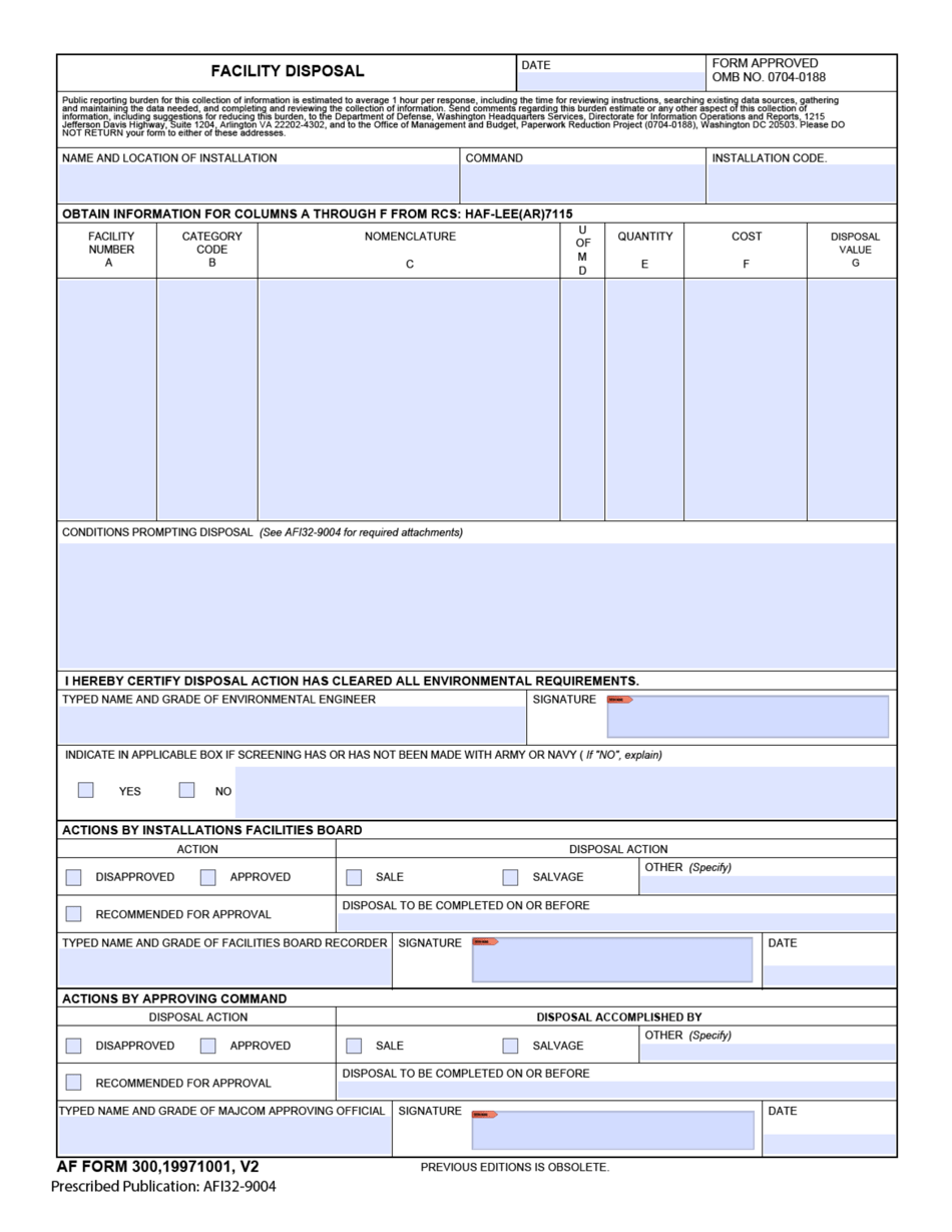 AF Form 300 Facility Disposal, Page 1