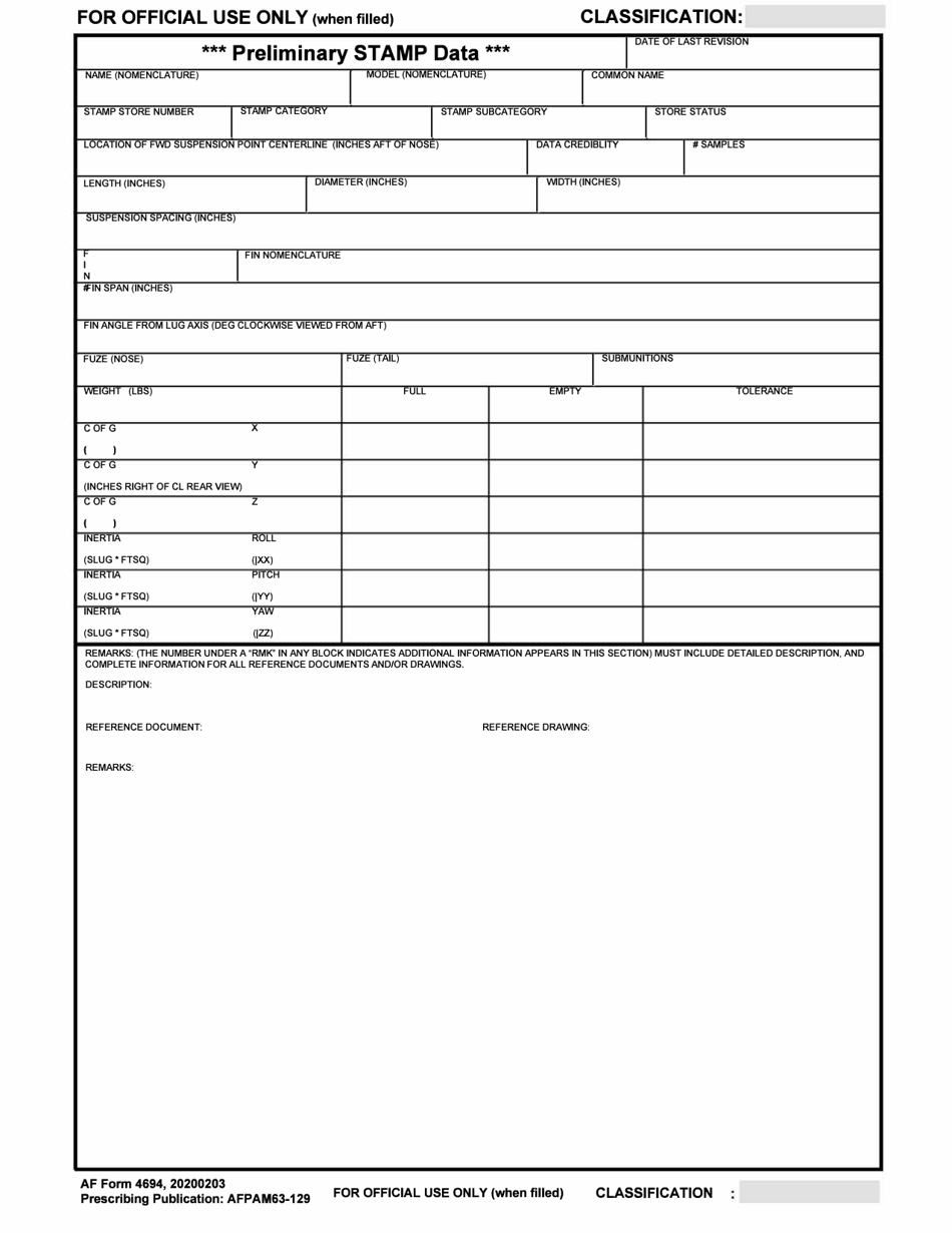 AF Form 4694 Store Technical and Mass Property (Stamp) Sheet, Page 1