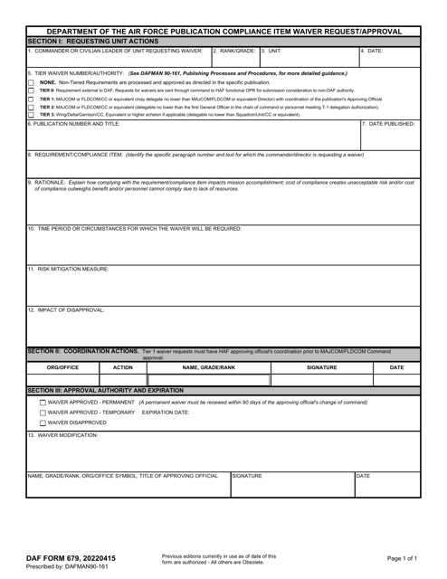DAF Form 679 Department of the Air Force Publication Compliance Item Waiver Request/Approval