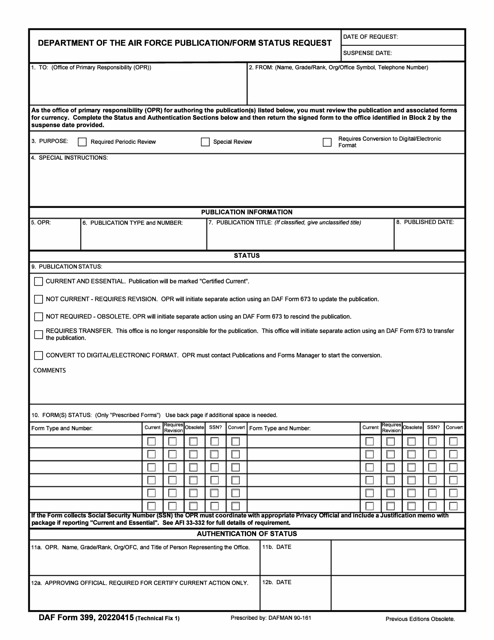 DAF Form 399 Department of the Air Force Publication/Form Status Request