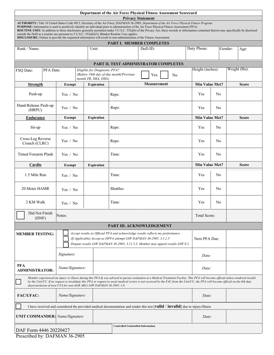 DAF Form 4446 Department of the Air Force Physical Fitness Assessment Scorecard, Page 1
