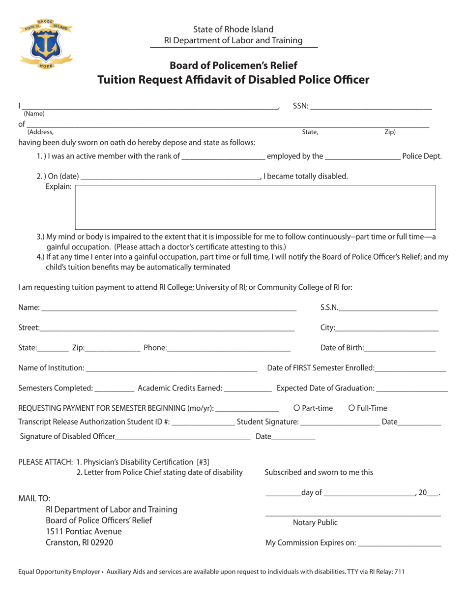 Tuition Request Affidavit of Disabled Police Officer - Rhode Island, Page 1