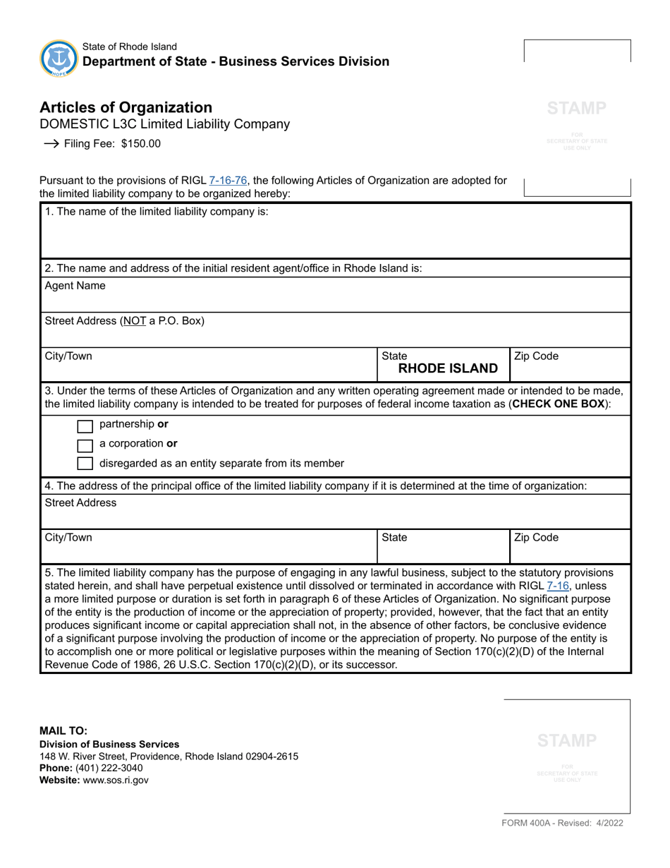 Form 400A Articles of Organization for a Domestic L3c Limited Liability Company - Rhode Island, Page 3