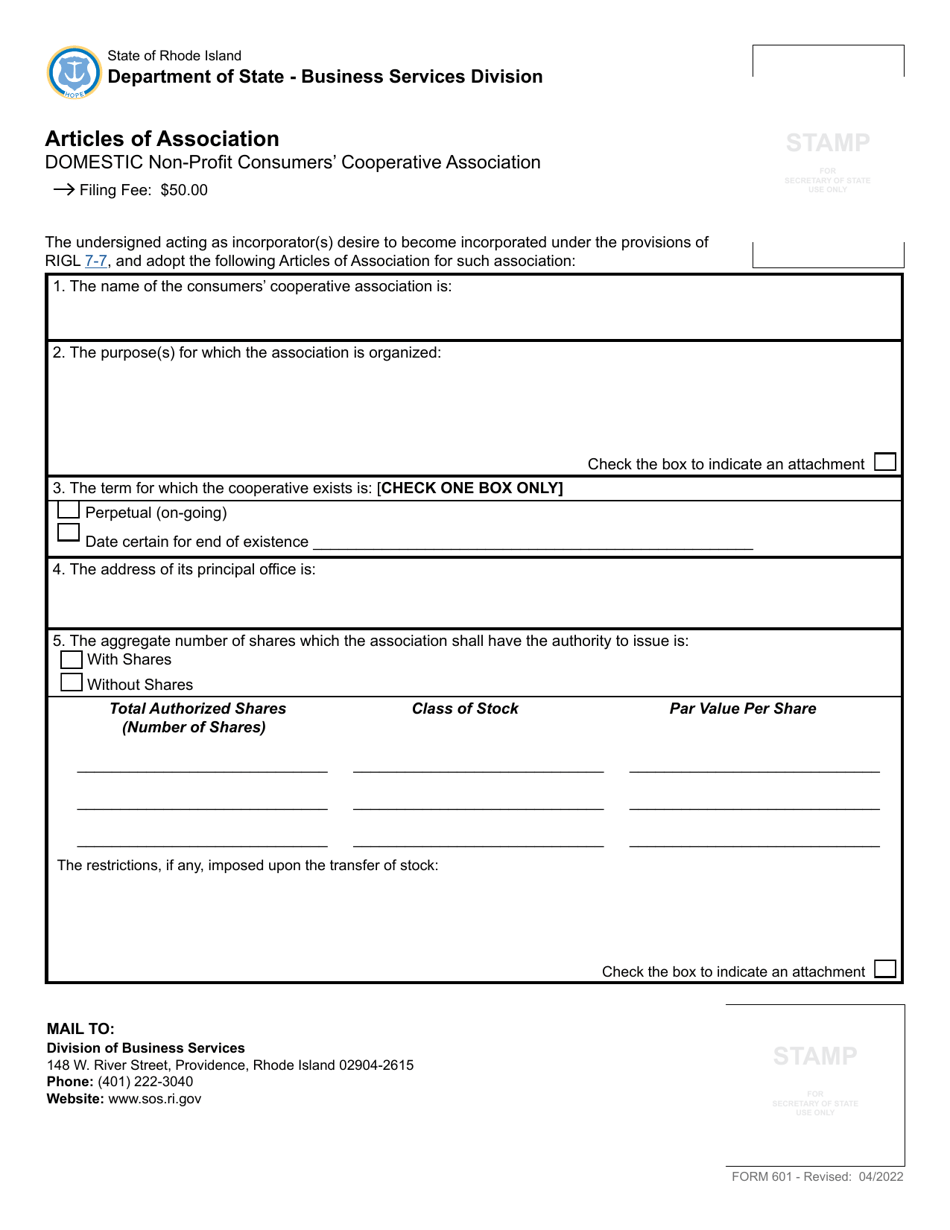 Form 601 Articles of Association for a Non-profit Consumers Cooperative Association - Rhode Island, Page 2