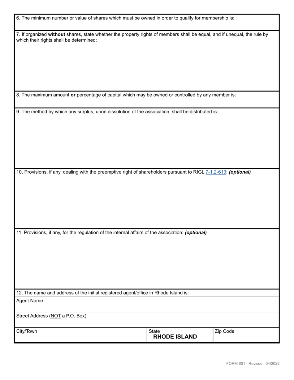 Form 601 Articles of Association for a Non-profit Consumers Cooperative Association - Rhode Island, Page 3