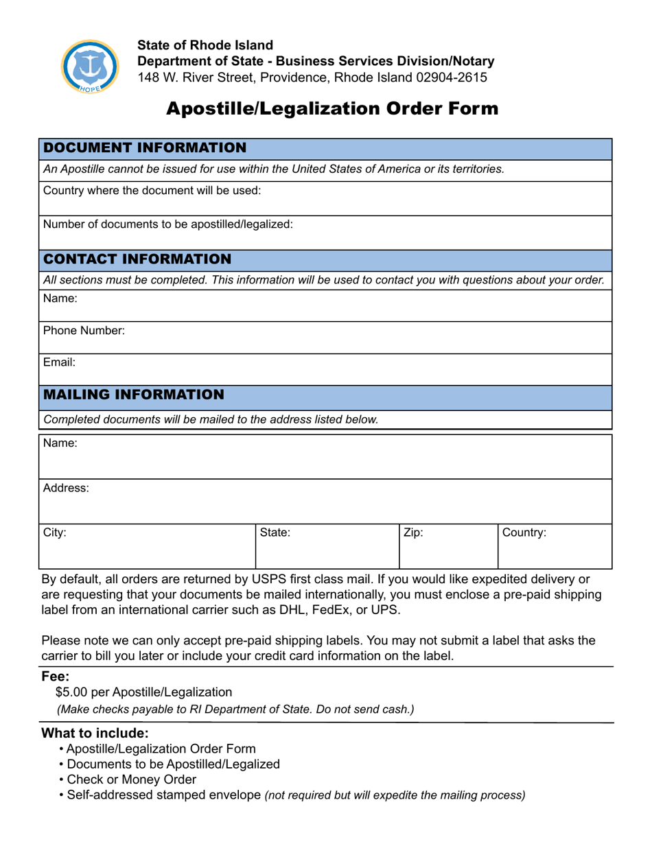 Apostille / Legalization Order Form - Rhode Island, Page 1