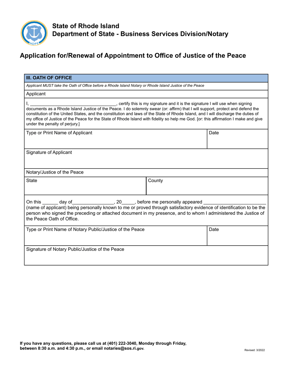Application for / Renewal of Appointment to Office of Justice of the Peace - Rhode Island, Page 3