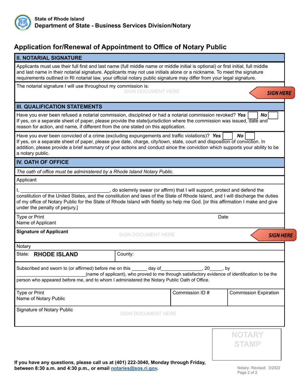 Rhode Island Application Forrenewal Of Appointment To Office Of Notary Public Download Fillable 1851