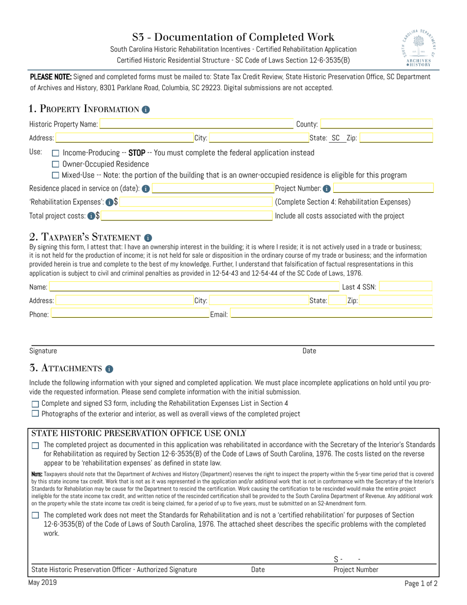 Form S3 Certified Rehabilitation Application - Documentation of Completed Work - South Carolina, Page 1