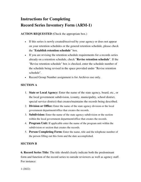 Instructions for Form ARM-1 Record Series Inventory Form - South Carolina