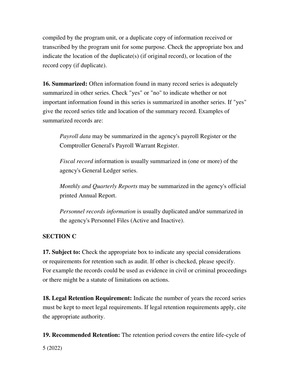 Instructions for Form ARM-1 Record Series Inventory Form - South Carolina, Page 5