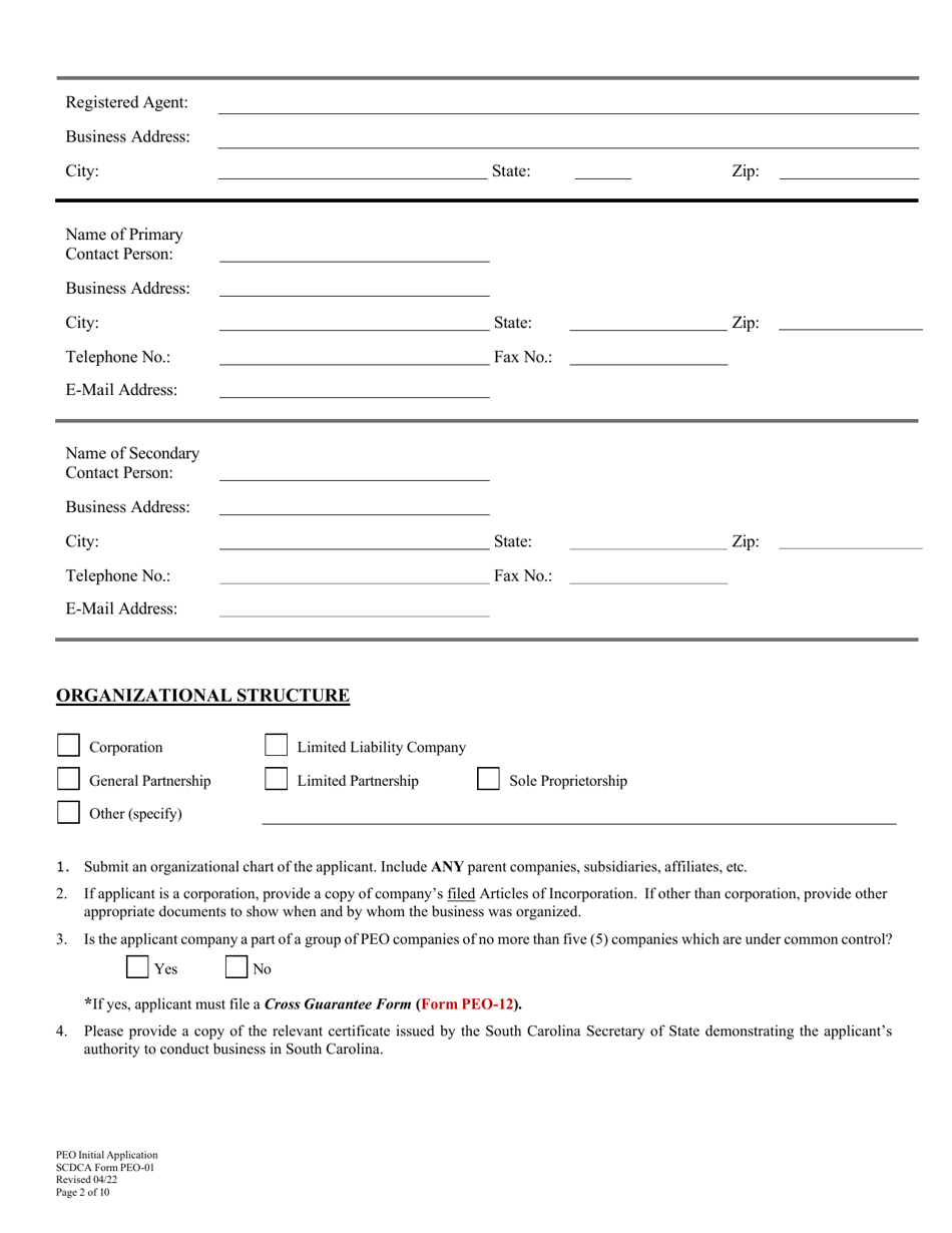 SCDCA Form PEO-01 Professional Employer Organization - Initial License Application - South Carolina, Page 2
