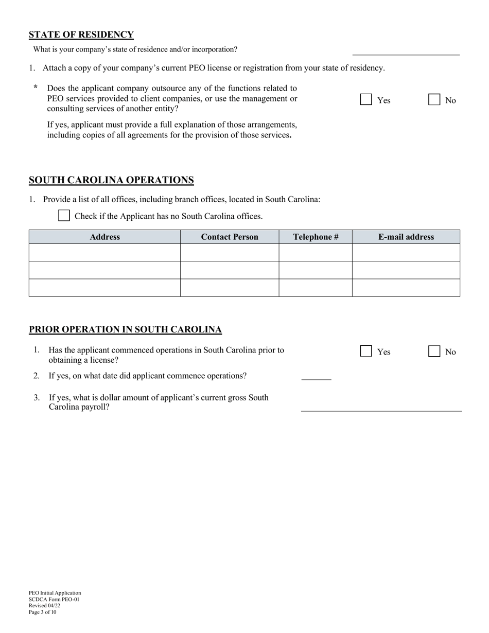 SCDCA Form PEO-01 Professional Employer Organization - Initial License Application - South Carolina, Page 3
