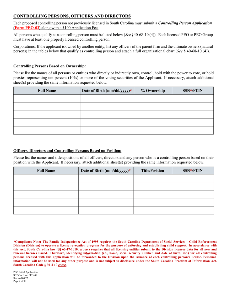 SCDCA Form PEO-01 Professional Employer Organization - Initial License Application - South Carolina, Page 4