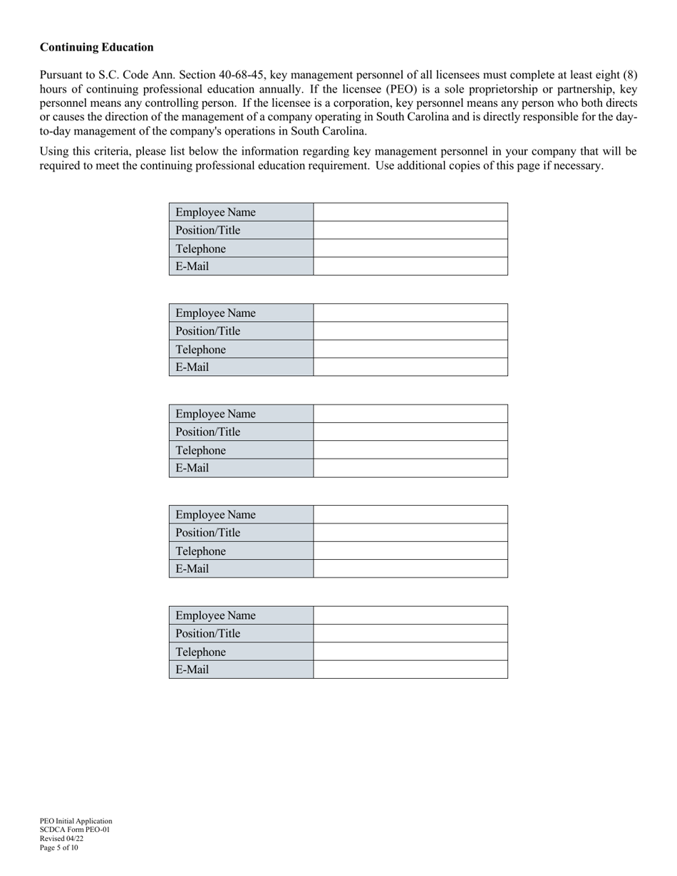 SCDCA Form PEO-01 Professional Employer Organization - Initial License Application - South Carolina, Page 5
