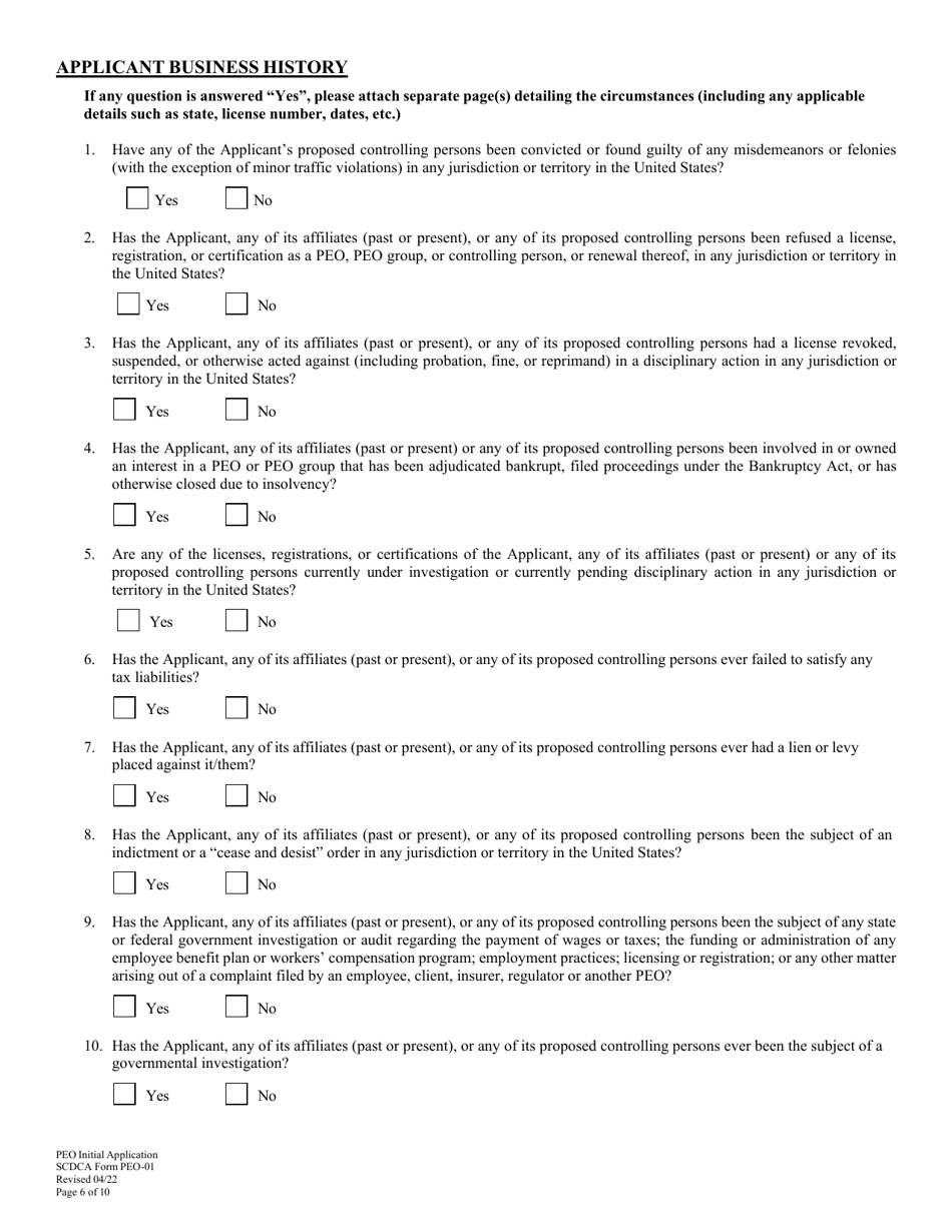 SCDCA Form PEO-01 Professional Employer Organization - Initial License Application - South Carolina, Page 6