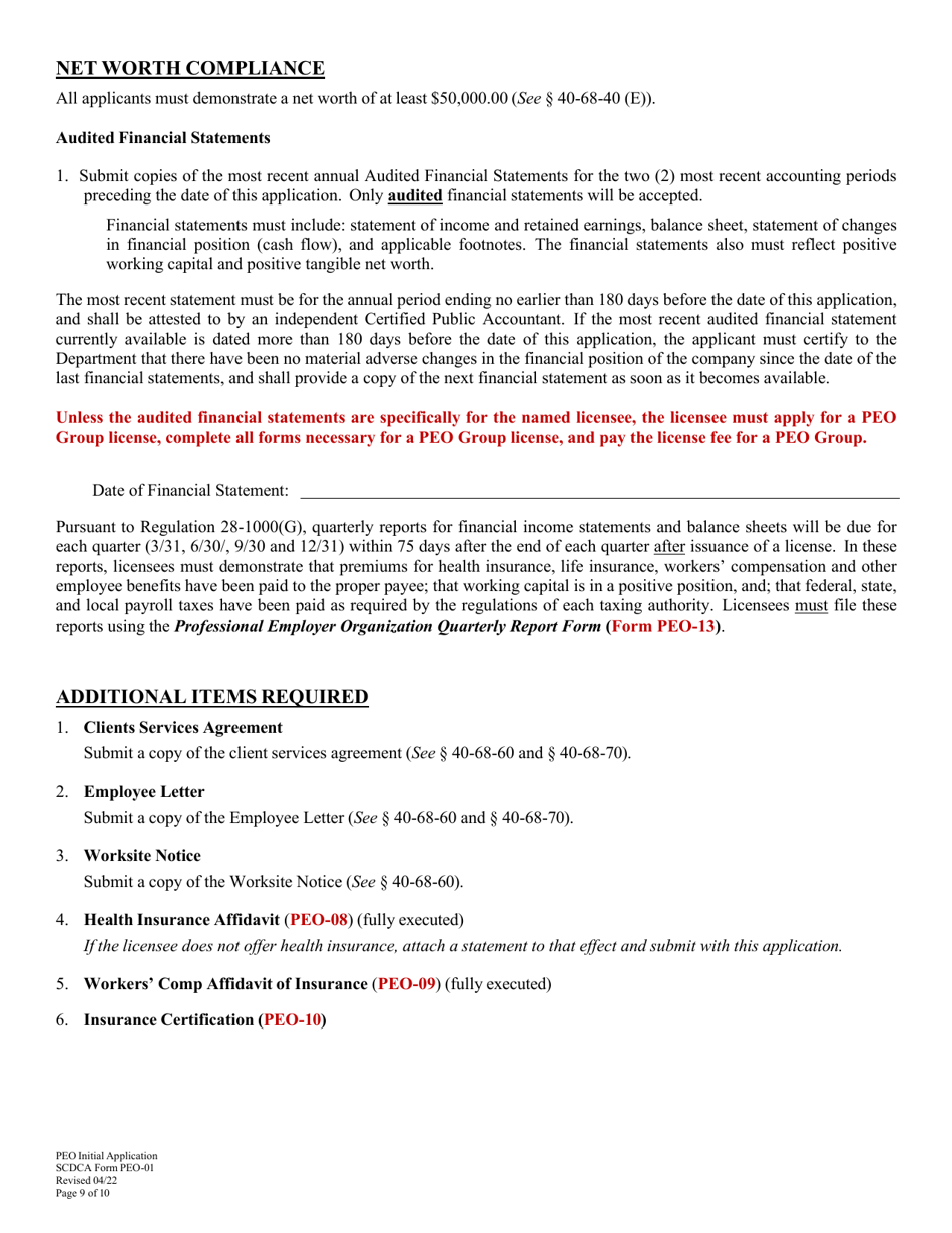 SCDCA Form PEO-01 Professional Employer Organization - Initial License Application - South Carolina, Page 9