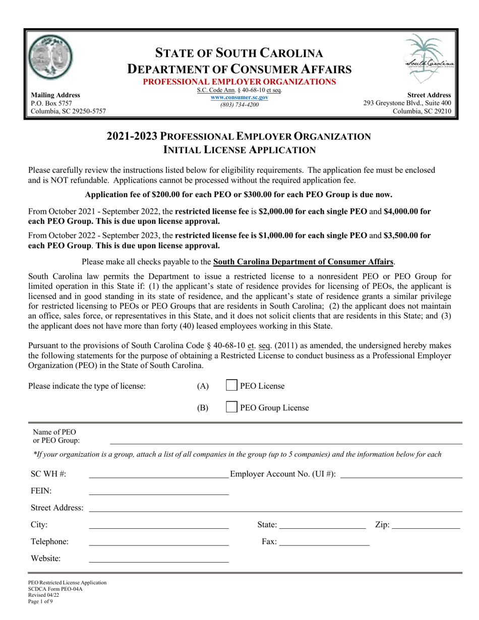 SCDCA Form PEO-04A Professional Employer Organization - Initial License Application - South Carolina, Page 1
