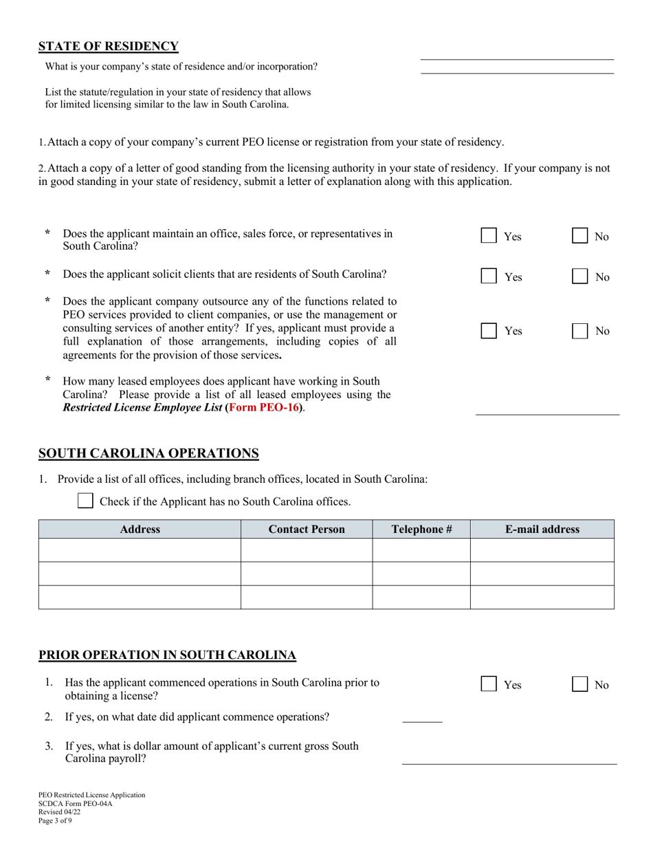 SCDCA Form PEO-04A Professional Employer Organization - Initial License Application - South Carolina, Page 3
