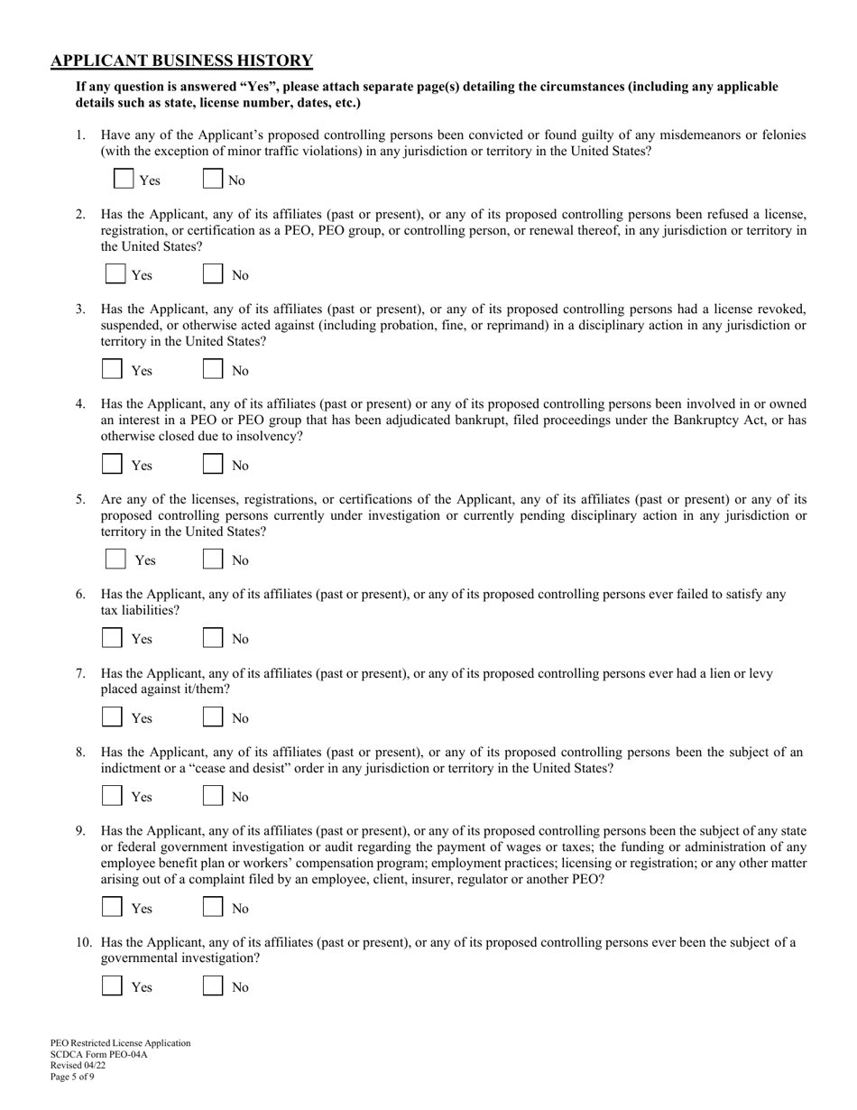 SCDCA Form PEO-04A Professional Employer Organization - Initial License Application - South Carolina, Page 5