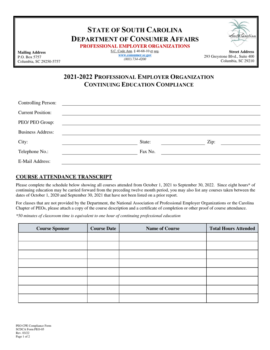 SCDCA Form PEO-05 Professional Employer Organization - Continuing Education Compliance - South Carolina, Page 1