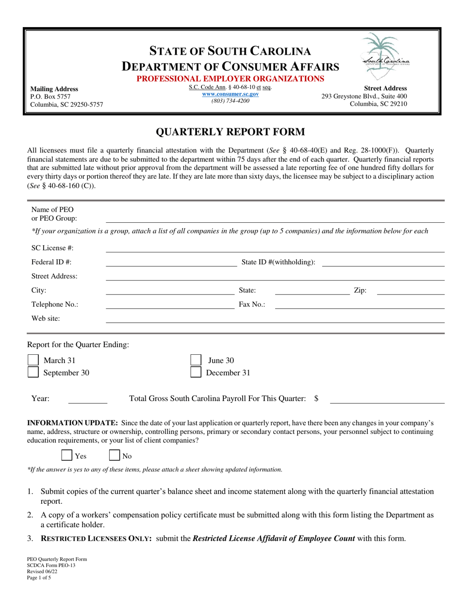 SCDCA Form PEO-13 Quarterly Report Form - South Carolina, Page 1